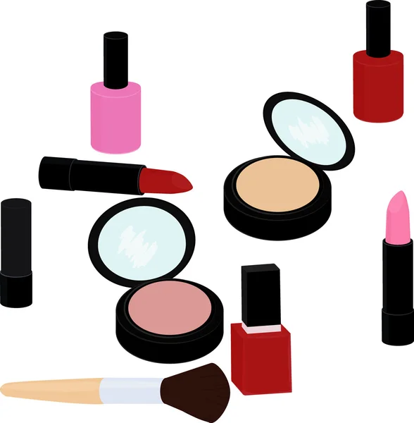 Ensemble de produits de beauté, rouge à lèvres, vernis à ongles, poudre, blush — Image vectorielle