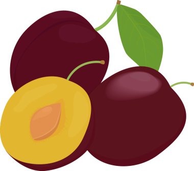 Olgun bütün ve beyaz arka plan üzerinde izole yaprakları ile yarım Erik meyve.