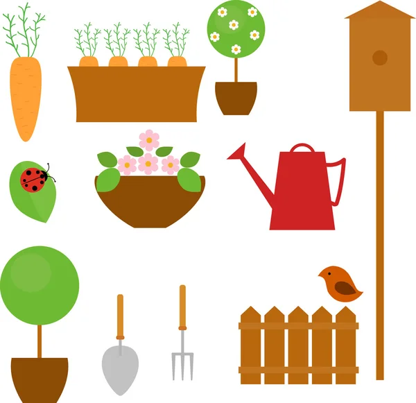 Садовая икона с морковью, деревом, цветом и лопатой — стоковый вектор