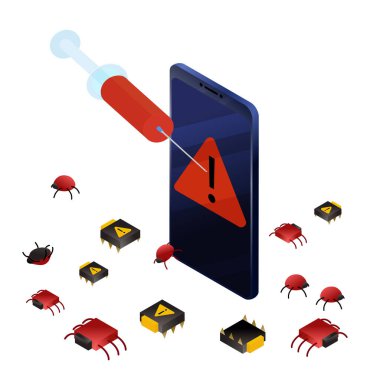 Akıllı telefonu böcek ve virüslerden kurtarmak. Isometric vektör illüstrasyon veri koruması, bilgi güvenliği kavramı. Bilgi hatalarından aşısı olan şırınga beyaza izole edildi.