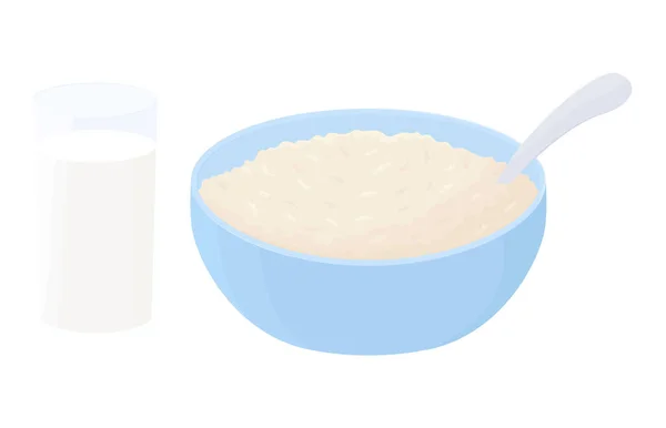 Yulaf ezmeli kahvaltı kasesi, bir fincan yulaf lapası beyaz arka planda izole edilmiş bir bardak süt illüstrasyonlu. Vektör gıda ikonu. Çizgi film müsli, sağlıklı beslenme için gevrek..