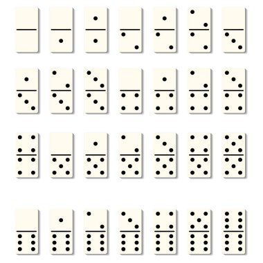 Domino taşları siyah noktalı blokları beyaz arka planda oyun için izole ediyor. Vektör düz resimleme