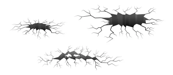 Zemin ya da duvarlar çatlıyor, toprak çatlıyor. Tek renk izole vektör çizimi. Yerdeki kara delik. Deprem, yıkım kavramı.