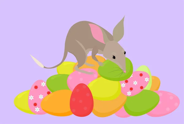 Illustrazione Cartone Animato Carina Mascotte Bilby Mucchio Uova Pasqua Piccolo — Vettoriale Stock