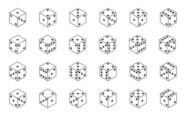 İzometrik zar kombinasyonu seti. Kumarhane için poker küpleri izole edilmiş siyah-beyaz vektör çizimleri.