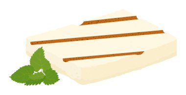 Halloumi ızgara peynir ve naneli çizgi film ikonu. Beyaza izole edilmiş geleneksel Kıbrıs yiyeceklerinin vektör çizimi. Haloumi dikdörtgen parçası
