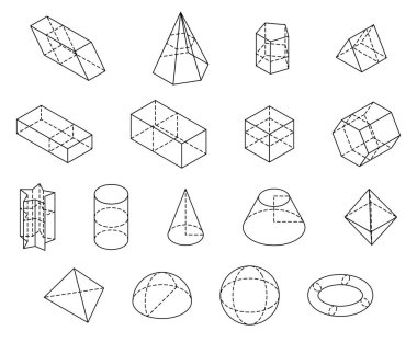 İzometrik 3 boyutlu şekiller. Siyah çizgili vektör çizimi. Geometri ve matematik bilimi. Beyaz arkaplanda izole edilmiş doğrusal geometrik nesneler.