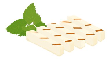 Halloumi ızgara peynir ve naneli çizgi film ikonu. Beyaza izole edilmiş geleneksel Kıbrıs yiyeceklerinin vektör çizimi. Haloumi dilimlenmiş dikdörtgen parça