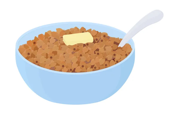 青いボウルにバターとそば粥 皿の上に穀物の山 白い背景に隔離された漫画の朝食ベクトルイラスト — ストックベクタ