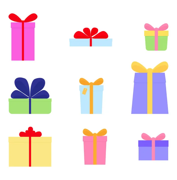 Vector Set Different Gift Boxes Bows Isolated White Flat Design — Stock Vector