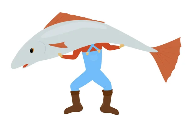 Hombre Pie Sosteniendo Enormes Peces Grises Ilustración Vectorial Del Pescador — Archivo Imágenes Vectoriales