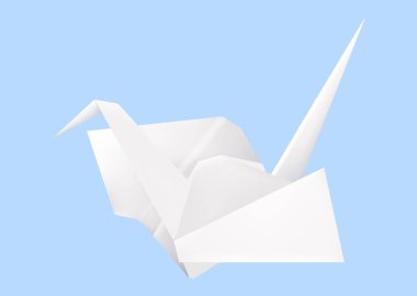 Mavi arka planda beyaz origami kağıt vinç. Geleneksel Japon sanatının gerçekçi temsili.