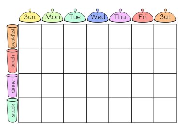 Haftalık menü A4 yazdırılabilir planlayıcı şablonu. Tabak ve gözlüklü yemek takvimi boş. Tarihsiz haftalık vektör takvimi.