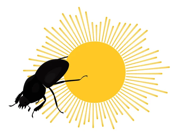 Scarab kutsal Mısır böceği güneş diskini yuvarlıyor. Renkli düz çizim. Vektör böceği beyazda izole edildi.