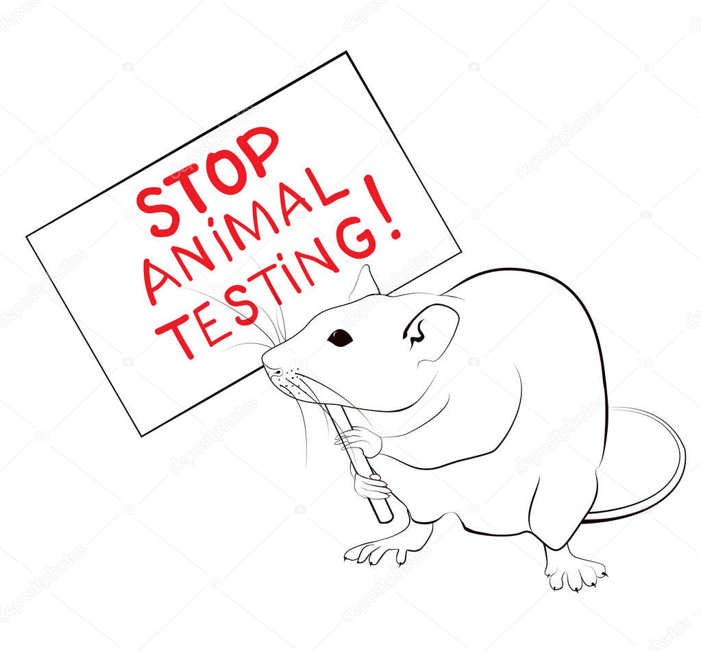 Rat protesting and holding banner against animal tests. Line art stop cruelty concept.Vector illustration.