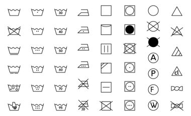 Kıyafet bakım ikonu seti. Çamaşır sembolleri, siyah monokrom vektör çizimi beyaz üzerine izole edilmiş.