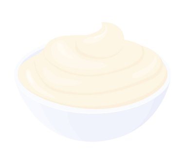 Küçük yuvarlak kasede çizgi film mayonezi. Beyaz arkaplanda yalıtılmış krema sosu, yan görünüm. Ramekin vektör illüstrasyonunda katkı..