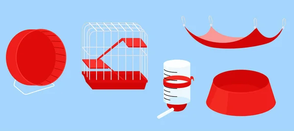 Hamster Utrustning Ikon Samling Isolerad Blå Sällskapsdjur Bur Röd Plast — Stock vektor