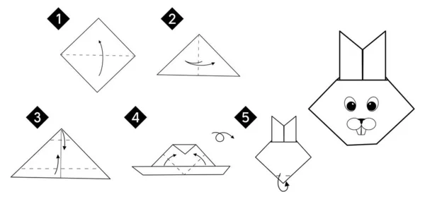 Origami tavşan kafası nasıl yapılır? Siyah çizgi monokrom adım adım talimatlar. Çocuklar için kolay iş..