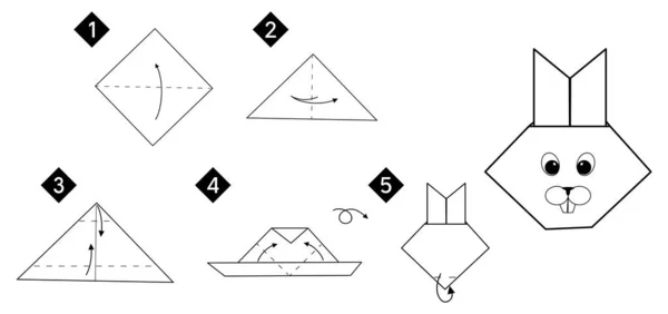折り紙ウサギの頭を作る方法 手順によって黒のラインモノクロームのステップ 子供のための簡単なDiy — ストックベクタ