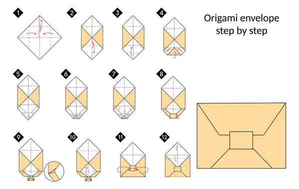 Hur Man Gör Origami Kuvert Vektor Illustration Färg Svart Linje — Stock vektor