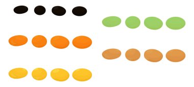 Beyaz arka planda izole edilmiş farklı mercimekler. Çizgi film vektörü siyah, sarı, yeşil ve kahverengi tanecikler.