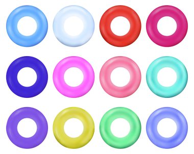 Renkli gerçekçi vektör grubu şişirilebilir yüzme halkası beyaz arkaplanda izole edildi.