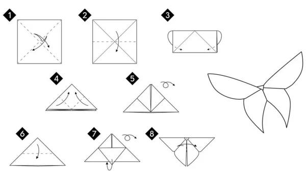 Adım Adım Origami Kelebeğinin Nasıl Yapılacağına Dair Talimatlar Kağıt Vektörü — Stok Vektör