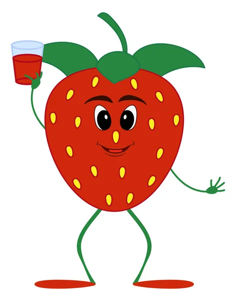 卡通人物草莓与一杯果汁隔离在白色 可爱的红色蔬菜吉祥物 矢量说明 — 图库矢量图片