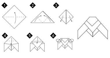 Adım adım origami ağustos böceği nasıl yapılır. Vektör monokrom talimatları illüstrasyonu. Siyah beyaz kağıt böceği DIY.