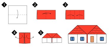Adım adım origami evi nasıl yapılır. Vektör Blzck çizgi renk açıklamaları. Ev Araması.