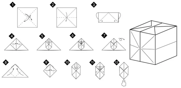 Stap Voor Stap Hoe Origami Kubus Speelgoed Maken Vector Monochrome — Stockvector
