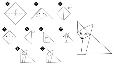 Adım adım origami tilkisi nasıl yapılır. Vektör monokrom talimatları illüstrasyonu. Siyah ve beyaz kağıt boyası..