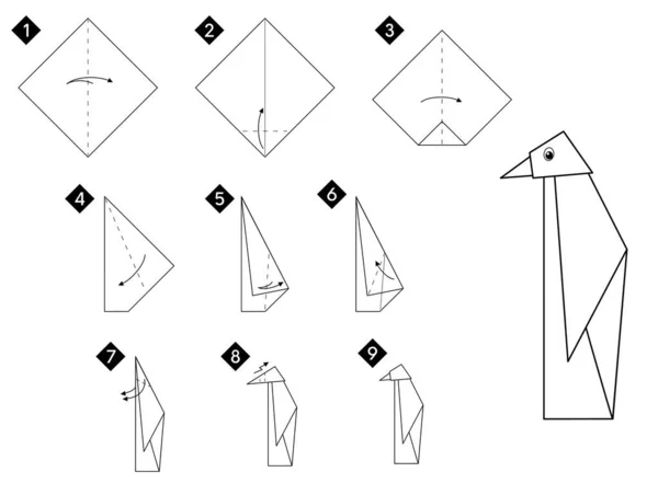 Adım Adım Origami Penguen Kuşu Nasıl Yapılır Vektör Monokrom Talimatları — Stok Vektör