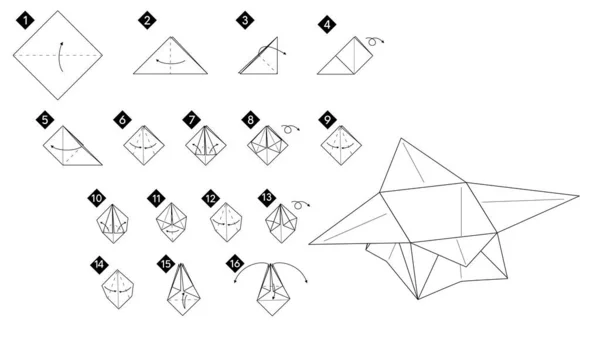 Passo Passo Como Fazer Caixa Origami Vetor Monocromático Instruções Ilustração — Vetor de Stock