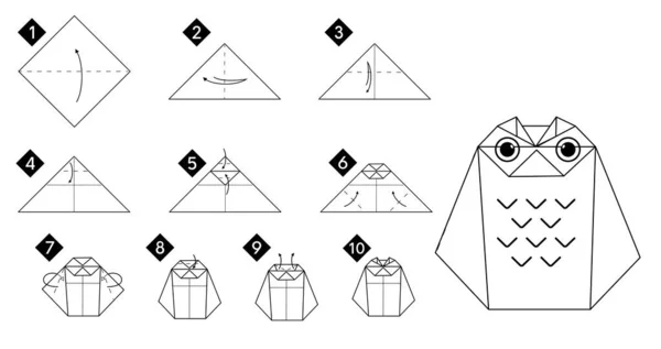 Adım Adım Origami Baykuşu Nasıl Yapılır Vektör Monokrom Talimatları Illüstrasyonu — Stok Vektör