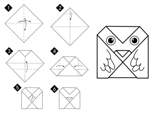 Steg För Steg Hur Man Gör Enkla Origami Uggla Fågel — Stock vektor