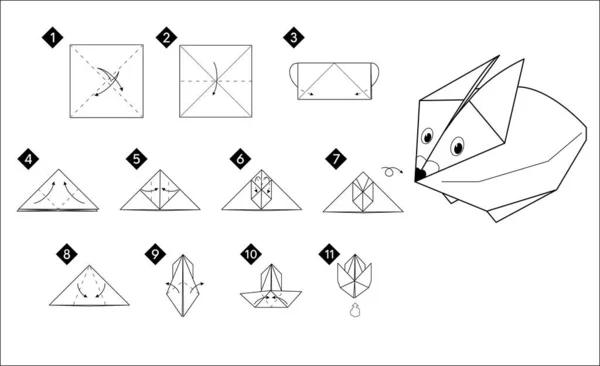 Adım Adım Origami Tavşan Kuşu Nasıl Yapılır Vektör Monokrom Talimatları — Stok Vektör