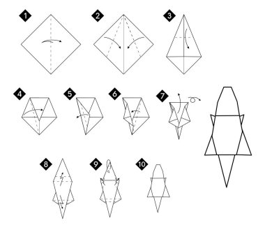Origami timsahı ya da timsahı adım adım yapmak. Vektör monokrom talimatları illüstrasyonu. Siyah ve beyaz kağıt boyası..