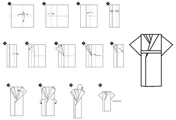 Hur Man Gör Origami Kimono Bokmärke Steg För Steg Svartvita — Stock vektor