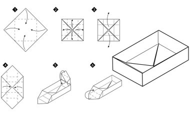 Origami kutusunun nasıl yapıldığını. Adım adım siyah-beyaz DIY talimatları. Taslak tek renkli vektör illüstrasyonu.