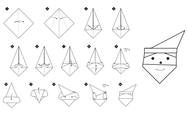 Зробити Орігамі Санта Клаус Головою Крок Кроком Чорно Білі Інструкції — стоковий вектор