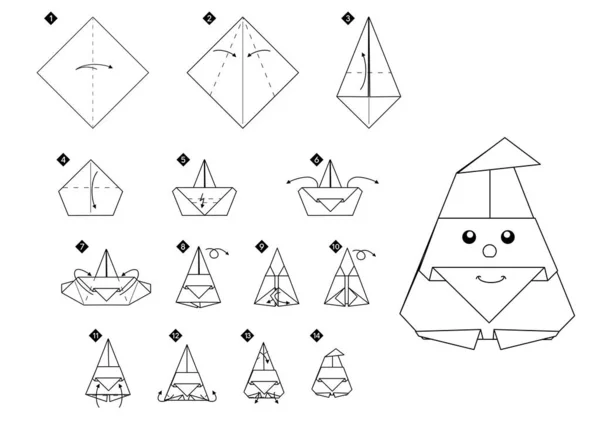 Зробити Орігамі Санта Клаус Крок Кроком Чорно Білі Інструкції Diy — стоковий вектор
