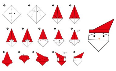 Basit origami noel baba başı nasıl yapılır? Adım adım adım DIY talimatları. Taslak vektör illüstrasyonu.