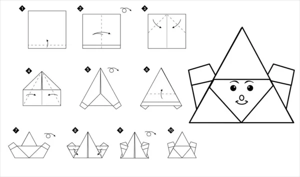 Wie Man Origami Weihnachtsmann Macht Schritt Für Schritt Schwarz Weiße — Stockvektor