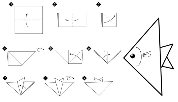 Origami Üçgeni Balığının Nasıl Yapıldığını Adım Adım Basit Siyah Beyaz — Stok Vektör