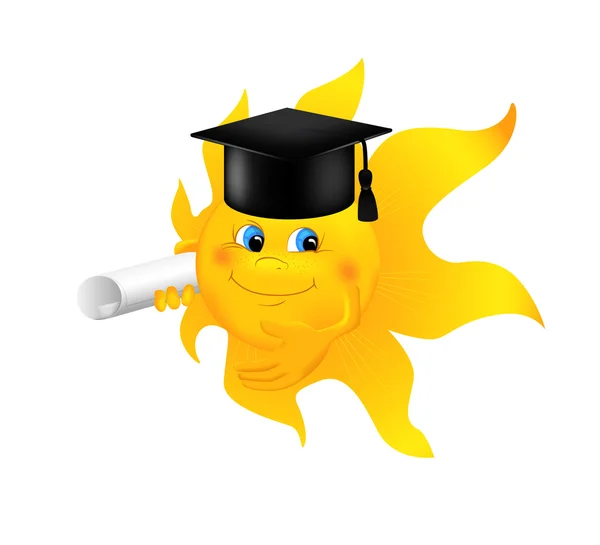 Funny cartoon sun wearing graduation cap — Stock Vector