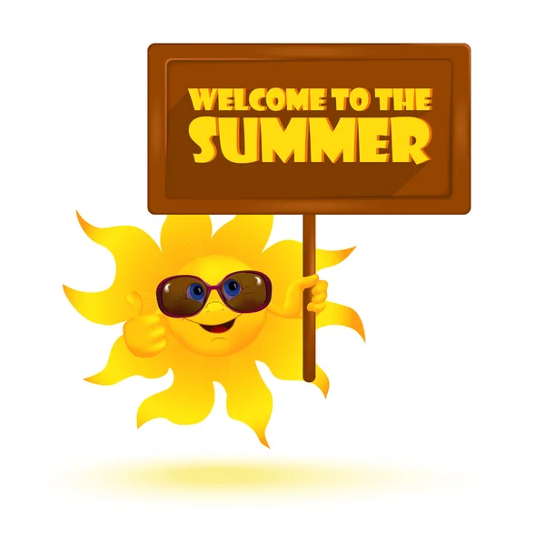 Divertente sole dei cartoni animati che indossa occhiali da sole con banner — Vettoriale Stock