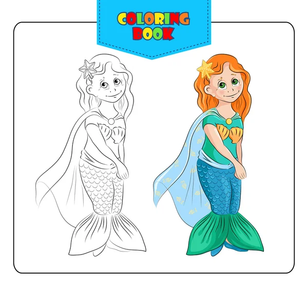 Little girl in carnival costume Mermaid. Coloring book — Stock Vector