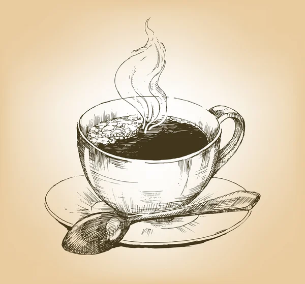 Taza de café caliente en platillo — Vector de stock